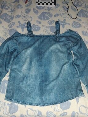 Denim Off-Shoulder Long Sleeve Top with Straps